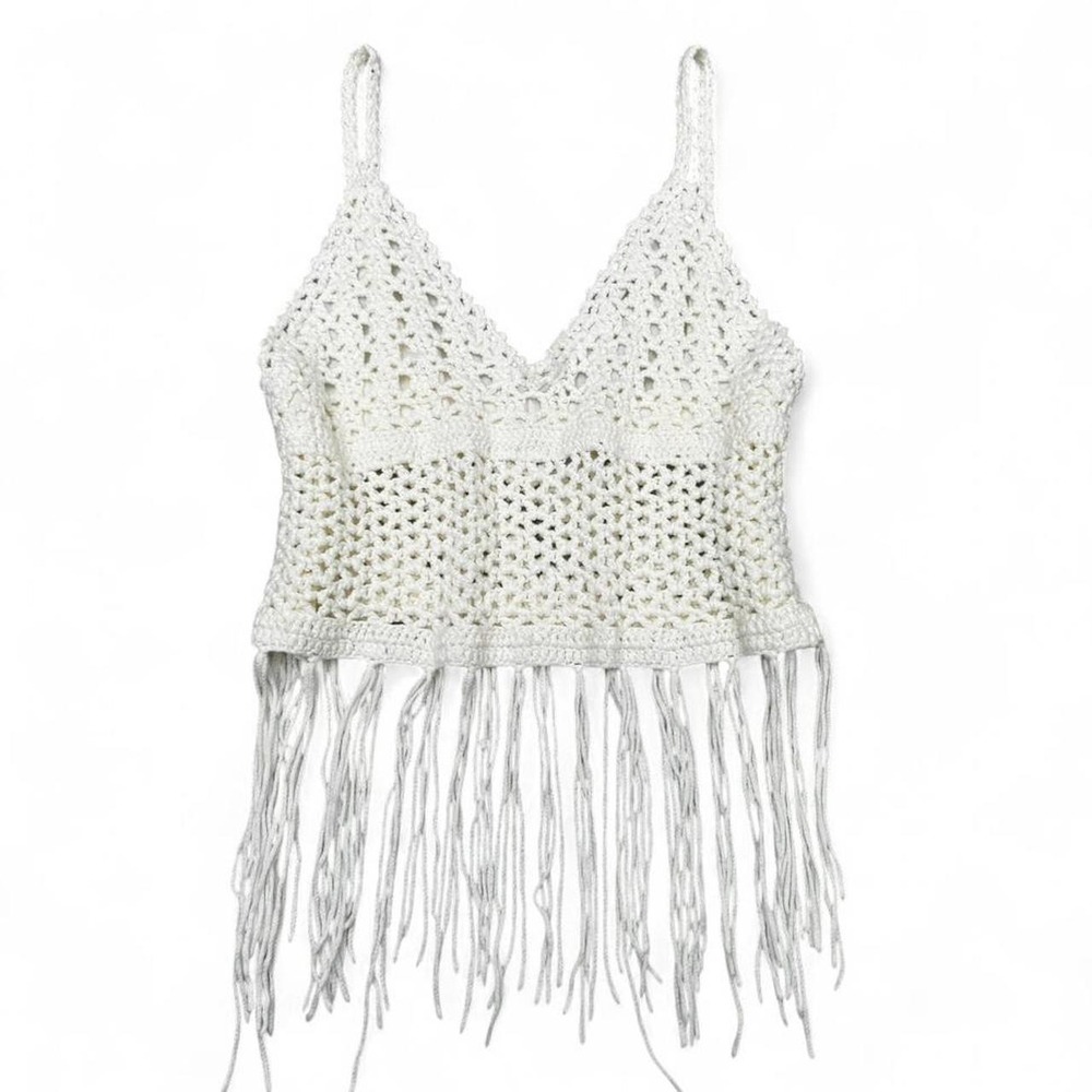 Y2K White Charlotte Russe Crochet Fringe Boho Tank Top S/M Light Marks